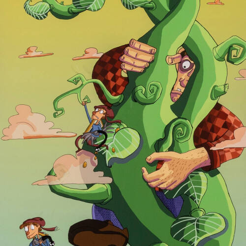 Colorful digital illustration that tells the story of Jack and the Beanstalk.